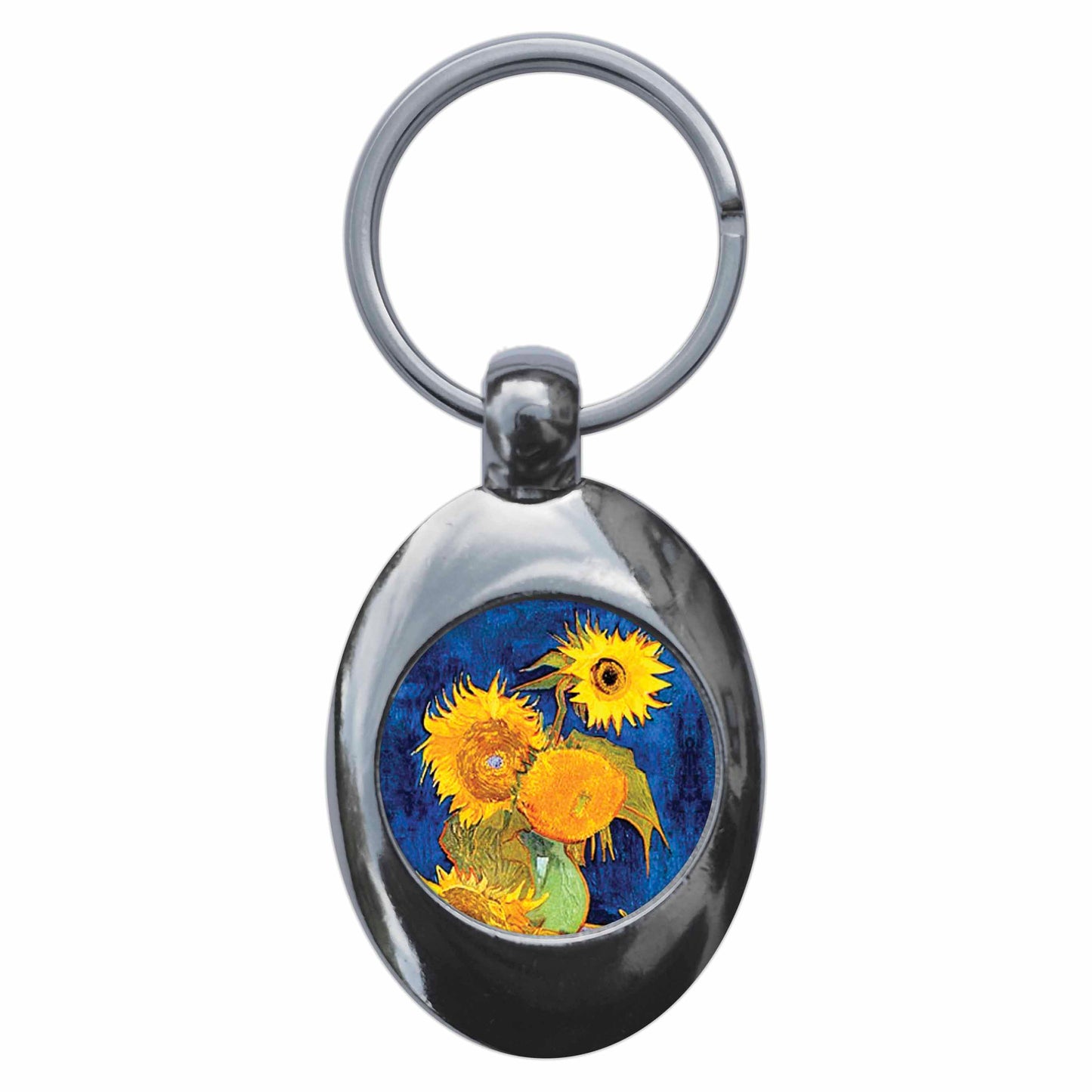 A picture of the front of the product, titled Vincent Van Gogh Sunflowers On Blue Metal Keyring With Trolley Coin