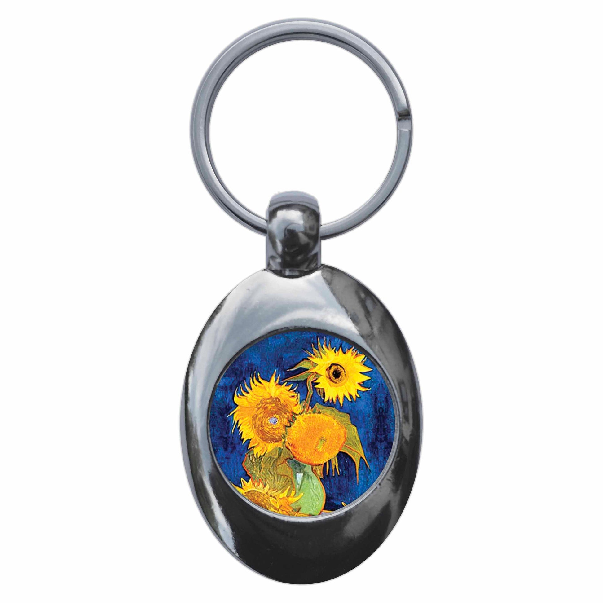 A picture of the front of the product, titled Vincent Van Gogh Sunflowers On Blue Metal Keyring With Trolley Coin