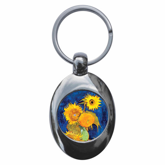 A picture of the front of the product, titled Vincent Van Gogh Sunflowers On Blue Metal Keyring With Trolley Coin