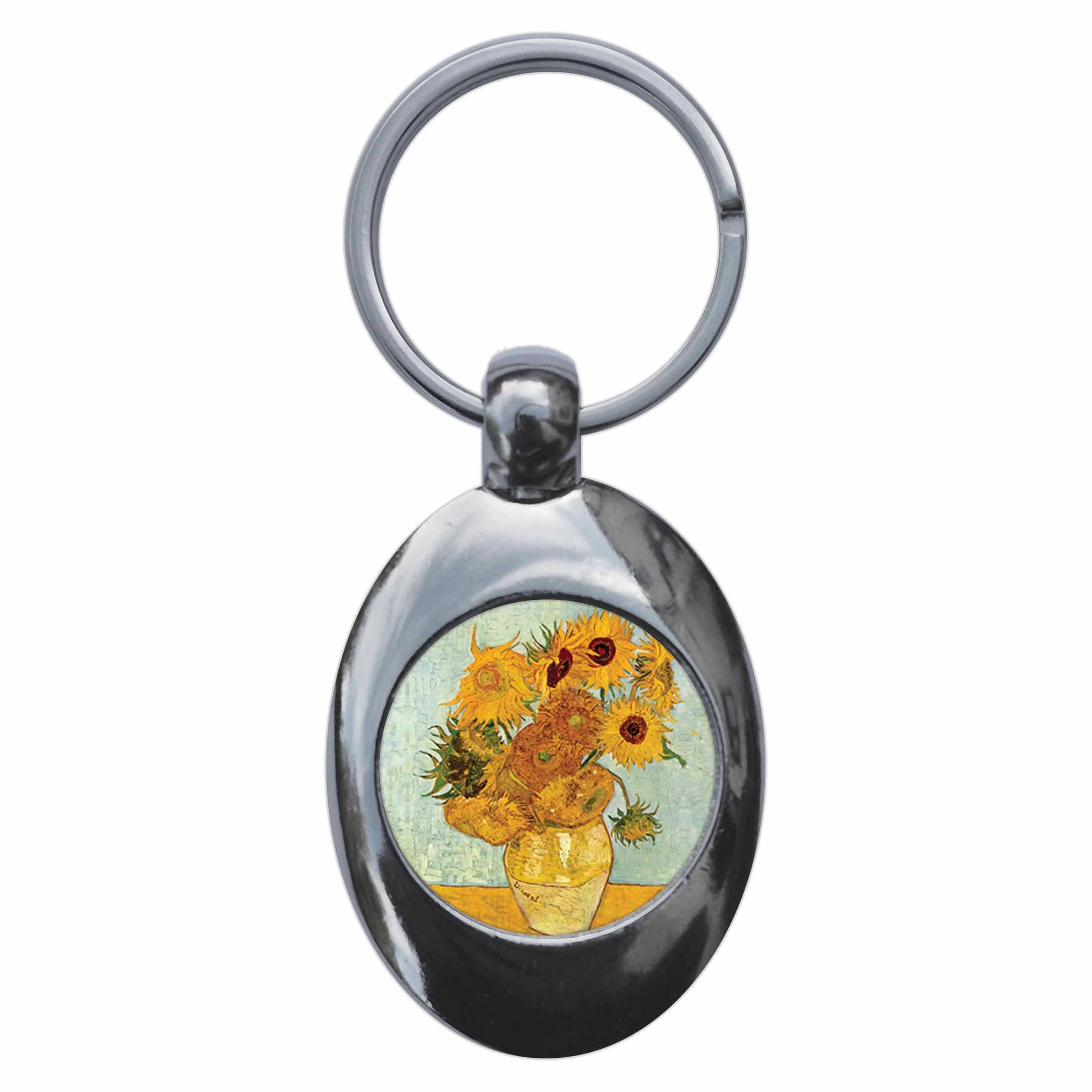 A picture of the front of the product, titled Vincent Van Gogh Sunflowers Metal Keyring With Trolley Coin