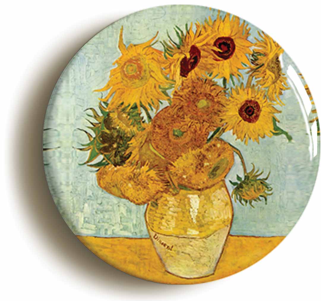 A picture of the front of the product, titled Vincent Van Gogh Sunflowers Circular 50mm Fridge Magnet