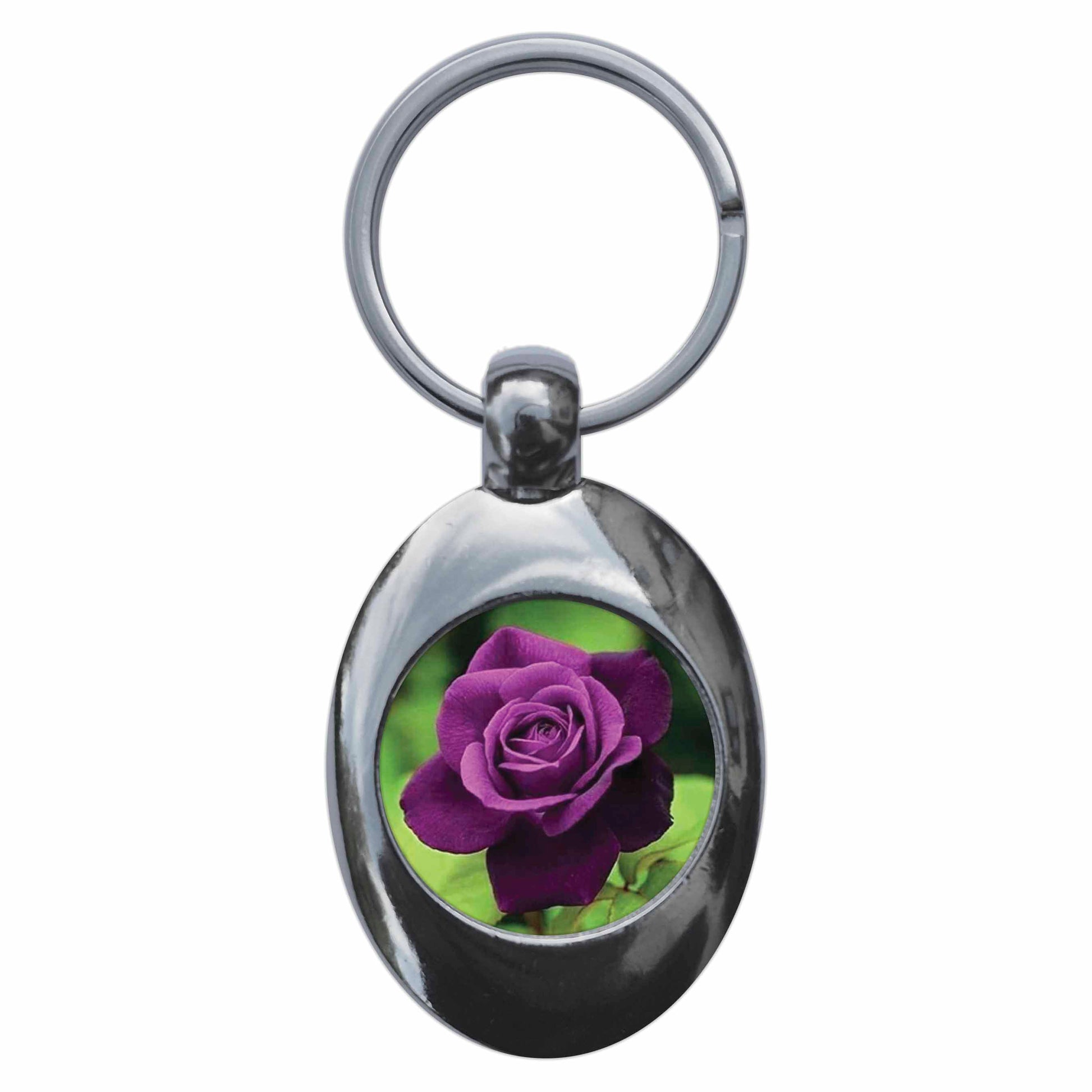 A picture of the front of the product, titled Violet Purple Rose Flower Metal Keyring With Trolley Coin