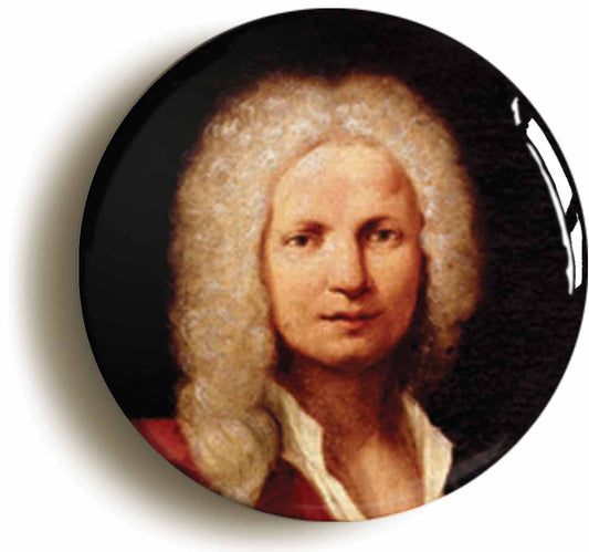 A picture of the front of the product, titled Antonio Vivaldi Classical Music Button Pin Badge