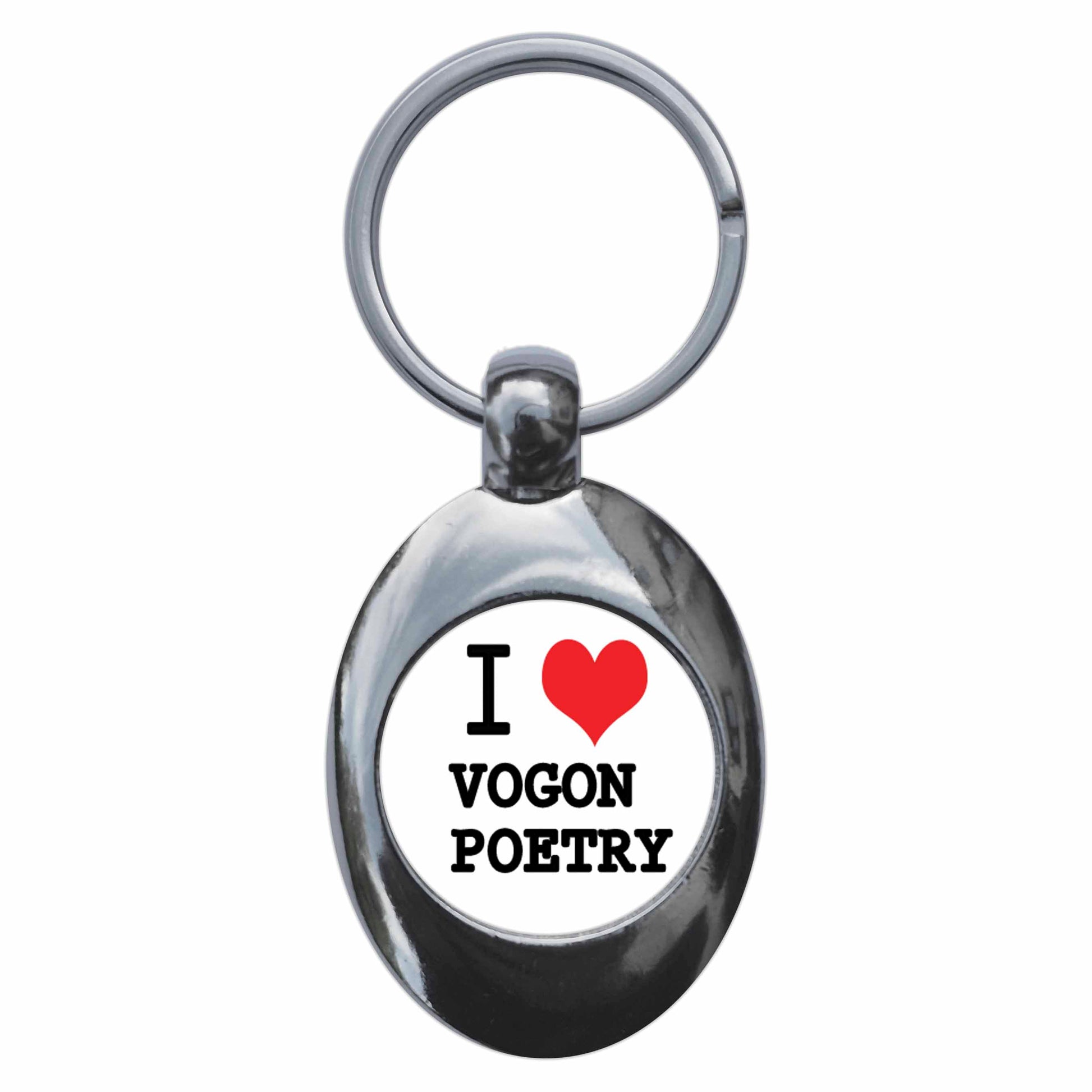 A picture of the front of the product, titled I Heart Love Vogon Poetry Metal Keyring With Trolley Coin