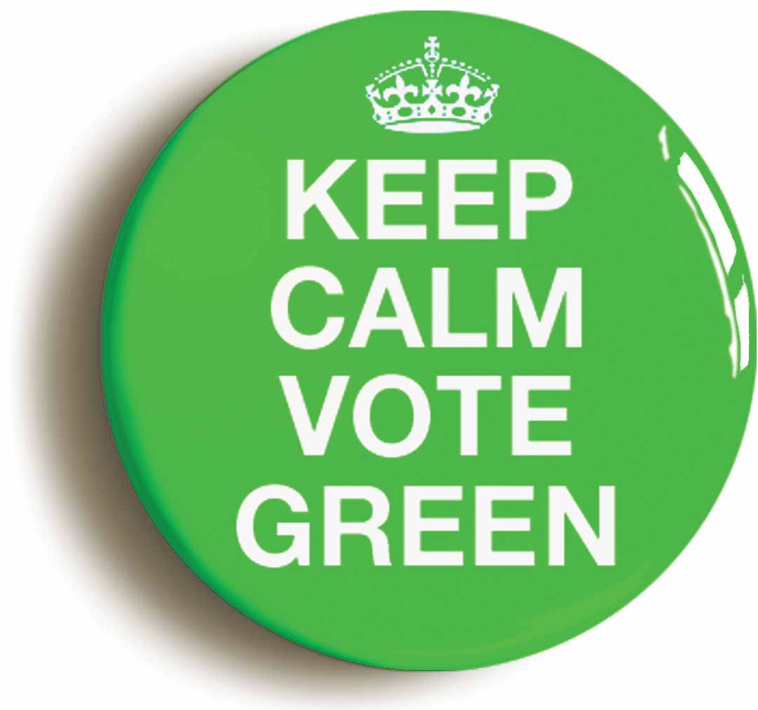 A picture of the front of the product, titled Keep Calm Vote Green Environmental Button Pin Badge