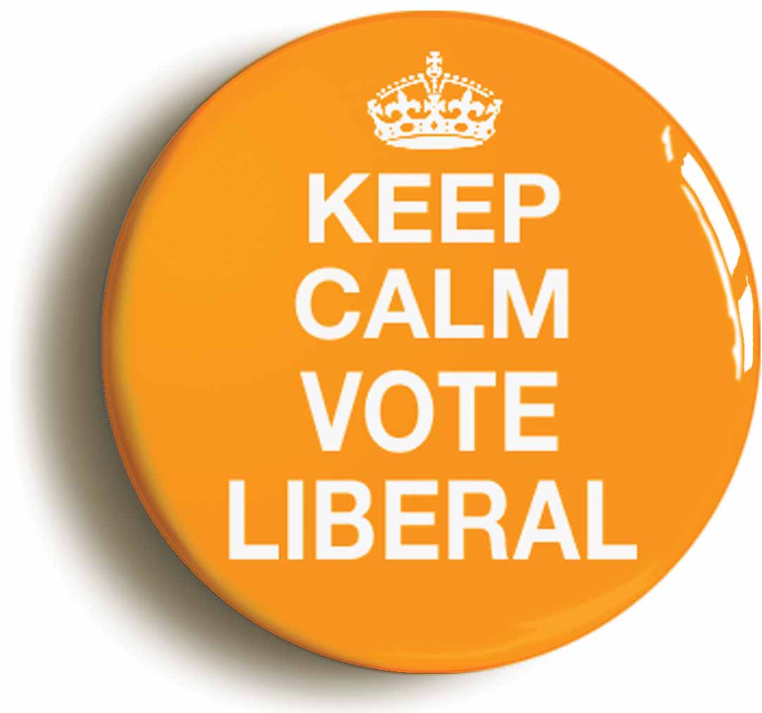 A picture of the front of the product, titled Keep Calm Vote Liberal Button Pin Badge