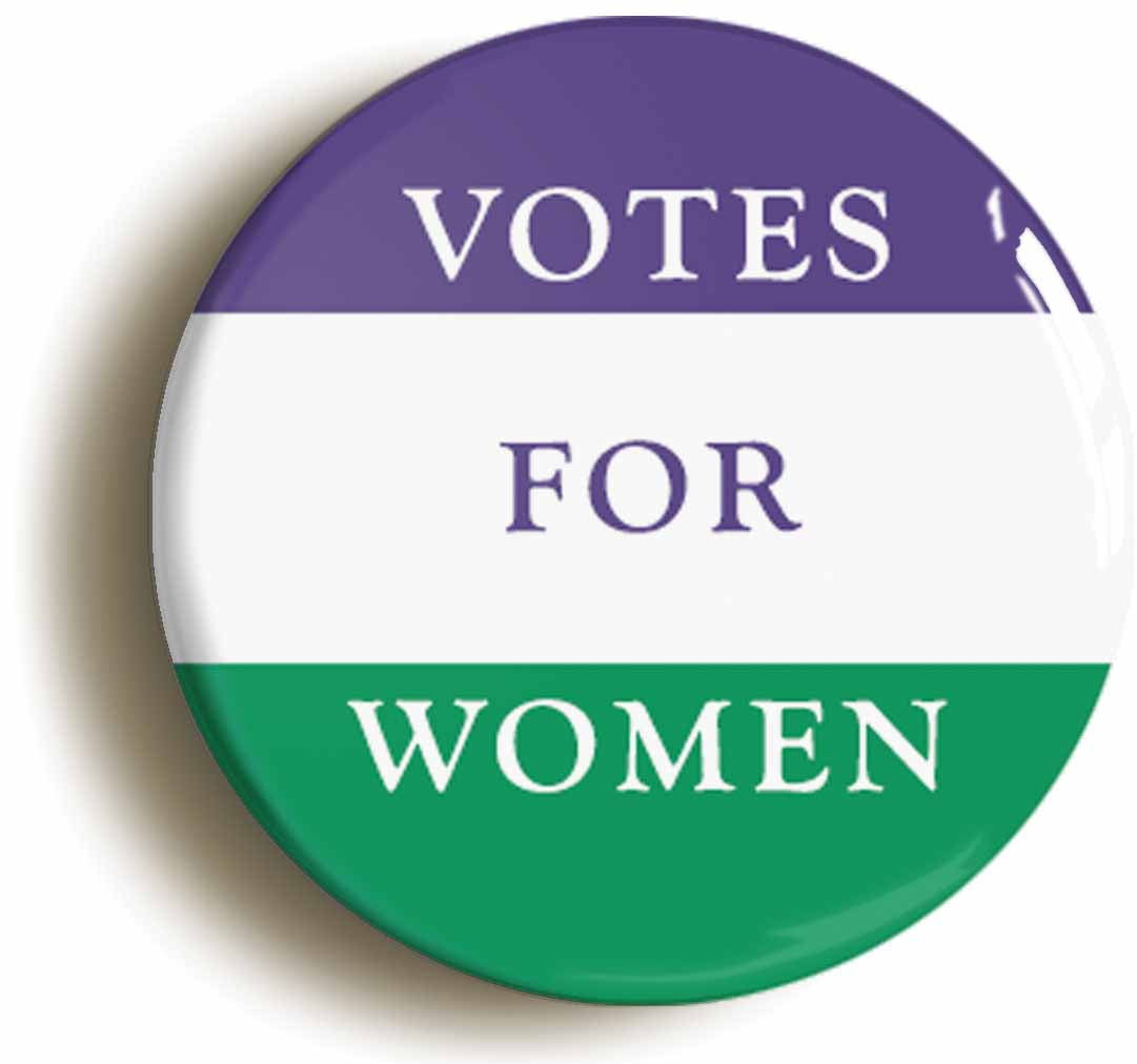 A picture of the front of the product, titled Votes For Women Suffragette Flag Circular 50mm Fridge Magnet