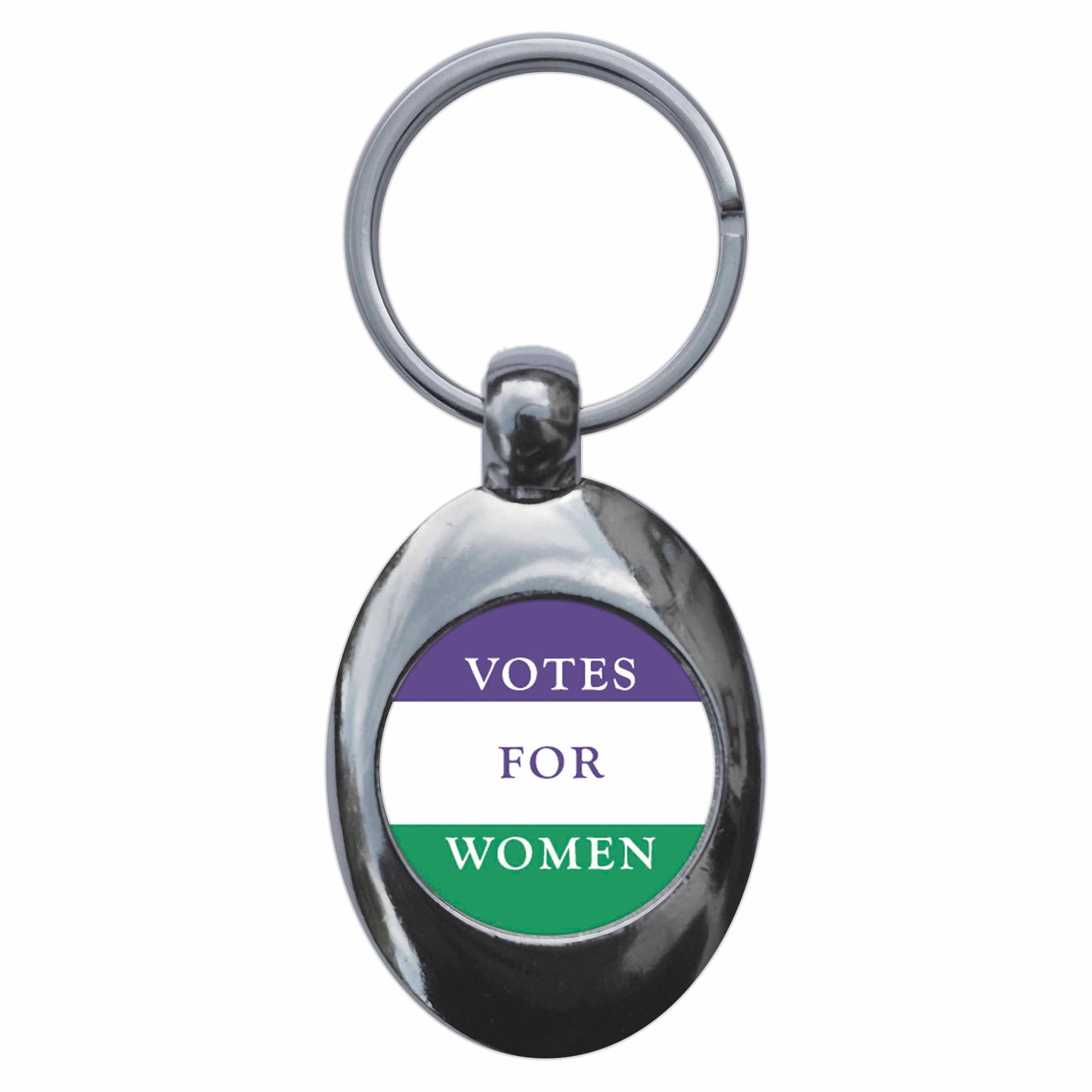 A picture of the front of the product, titled Votes For Women Suffragette Flag Metal Keyring With Trolley Coin