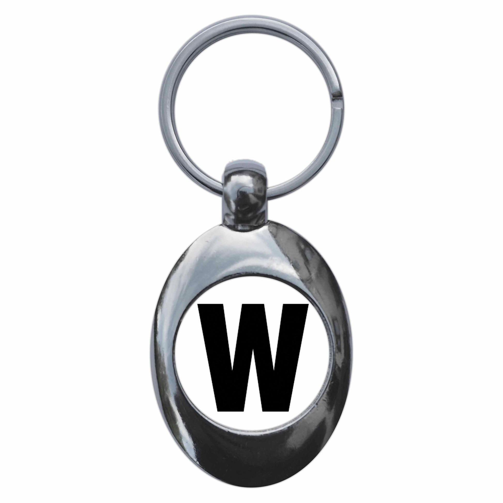 A picture of the front of the product, titled Letter W Metal Keyring With Trolley Coin
