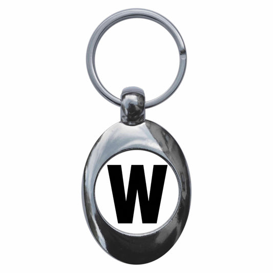 A picture of the front of the product, titled Letter W Metal Keyring With Trolley Coin