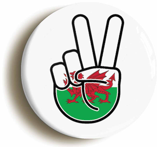 A picture of the front of the product, titled Wales Welsh National Flag Peace Sign V Button Pin Badge