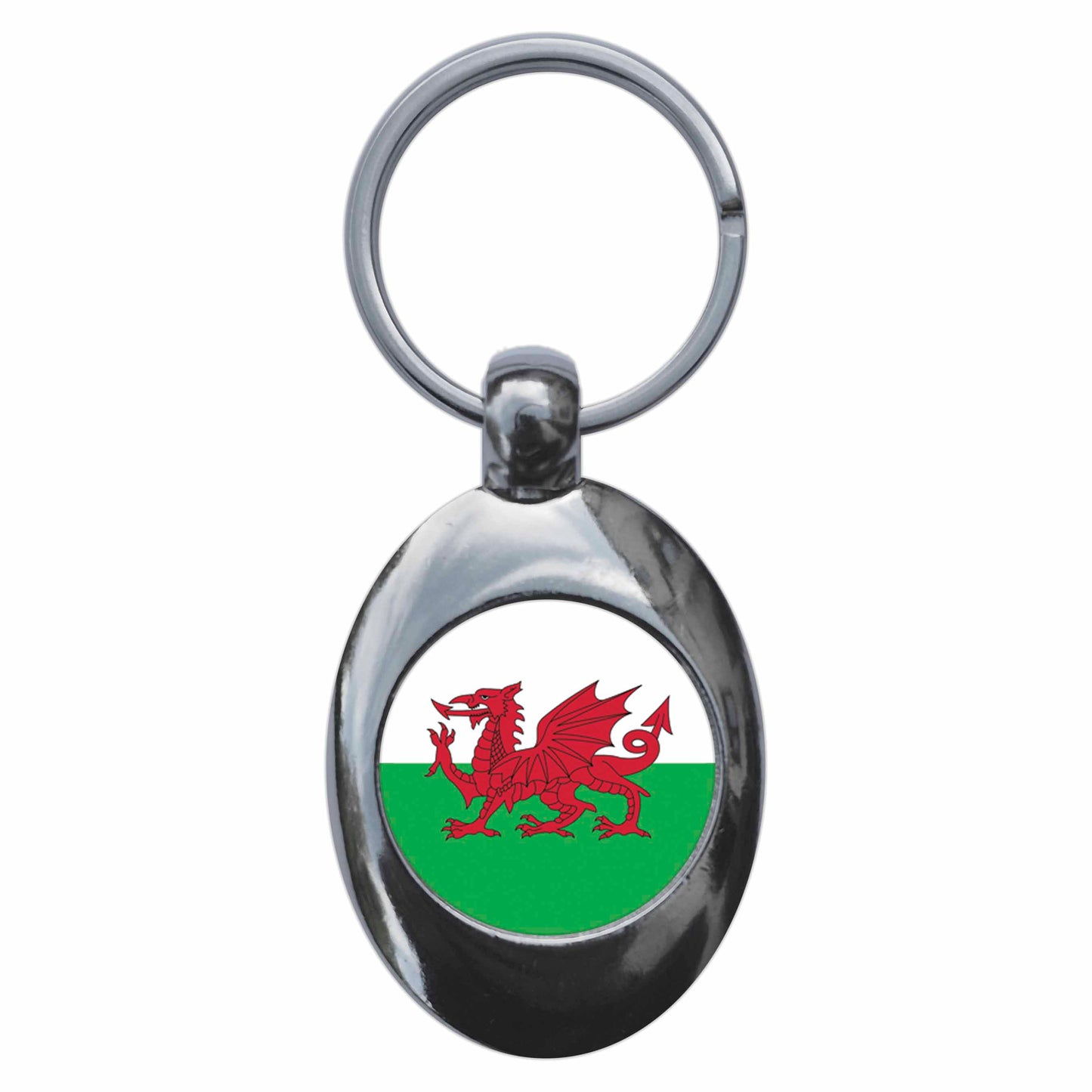 A picture of the front of the product, titled Wales Welsh National Flag Metal Keyring With Trolley Coin