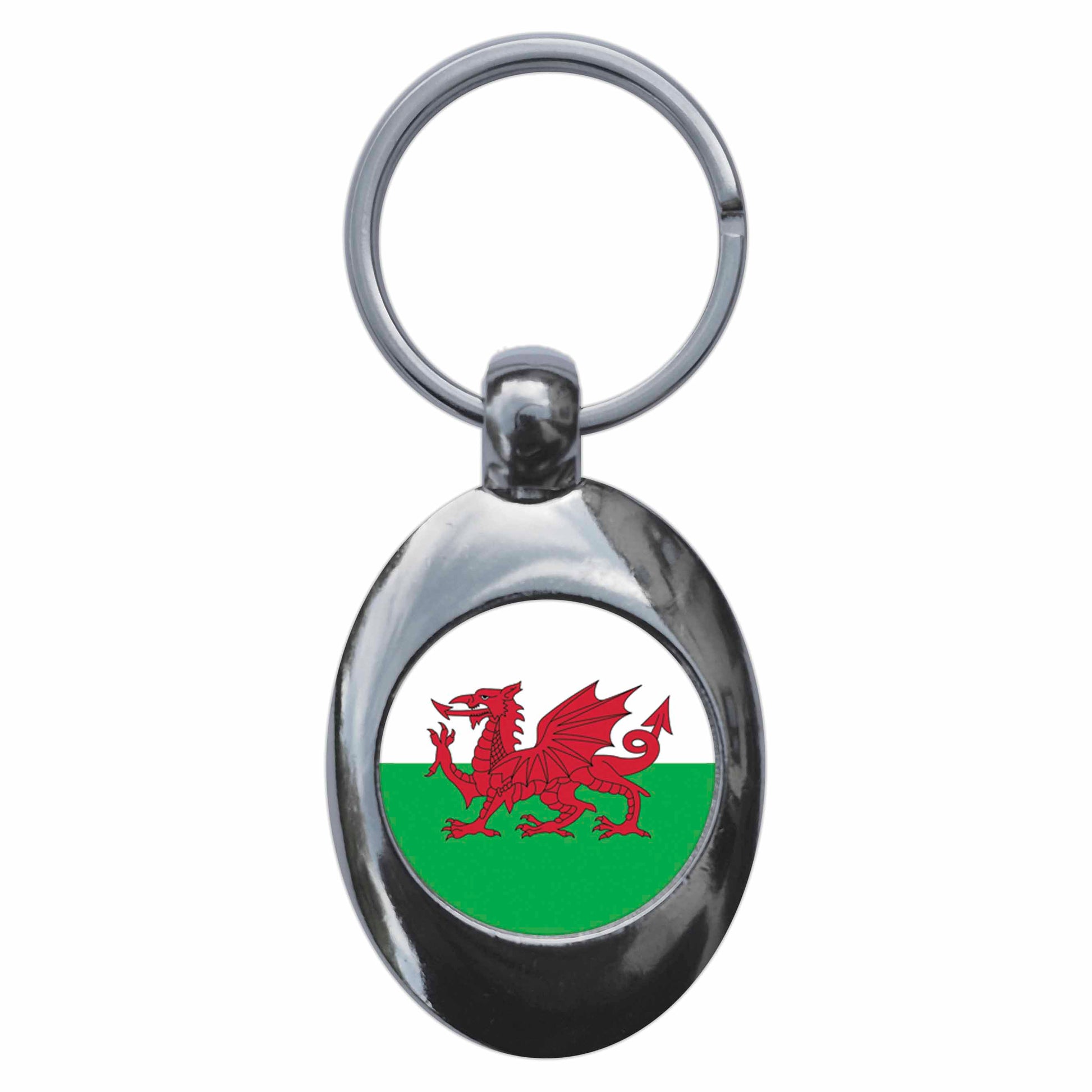 A picture of the front of the product, titled Wales Welsh National Flag Metal Keyring With Trolley Coin