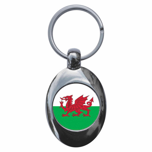 A picture of the front of the product, titled Wales Welsh National Flag Metal Keyring With Trolley Coin