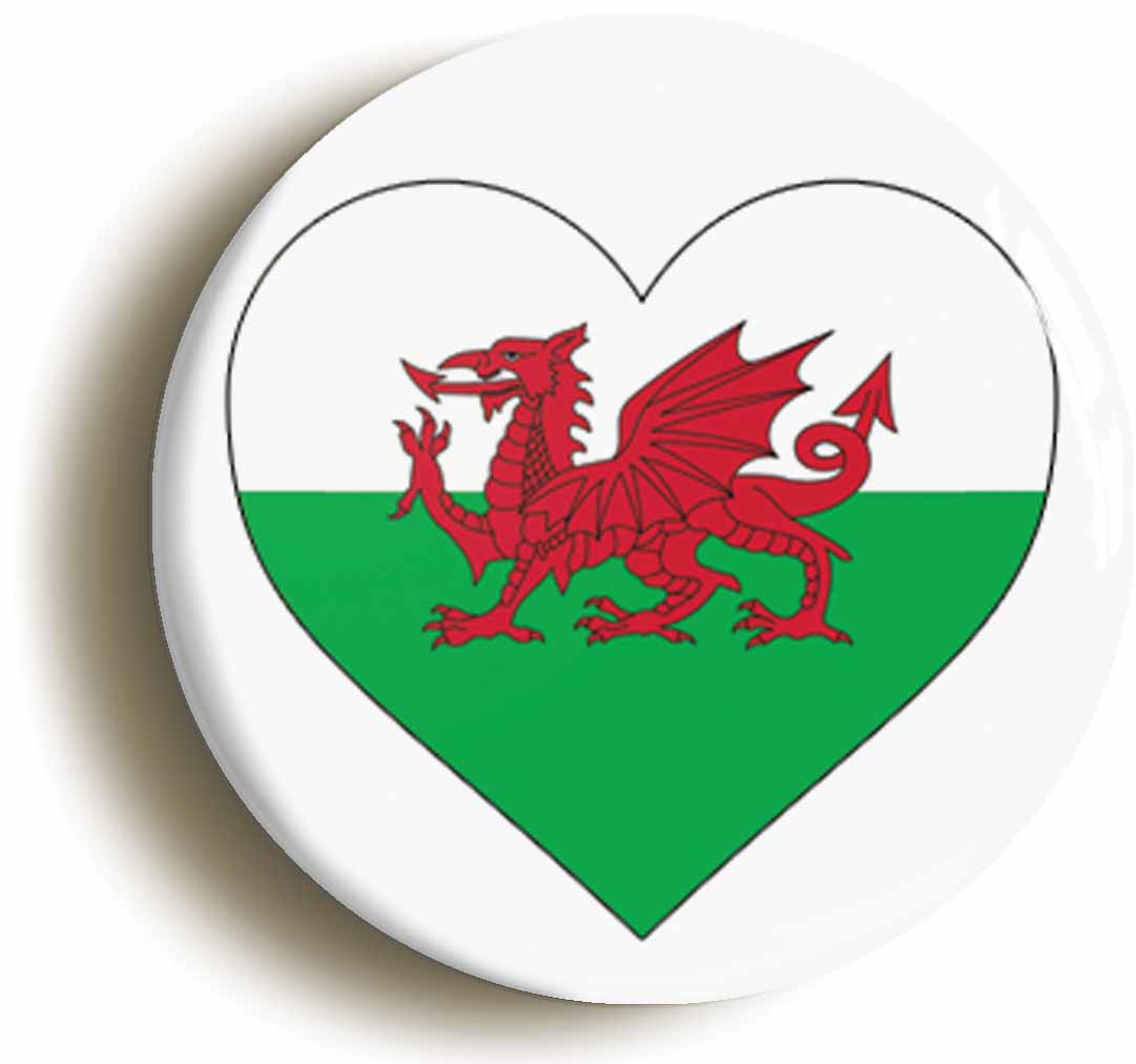A picture of the front of the product, titled Wales Welsh Flag Heart Button Pin Badge