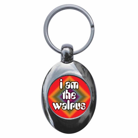 A picture of the front of the product, titled I Am The Walrus Metal Keyring With Trolley Coin