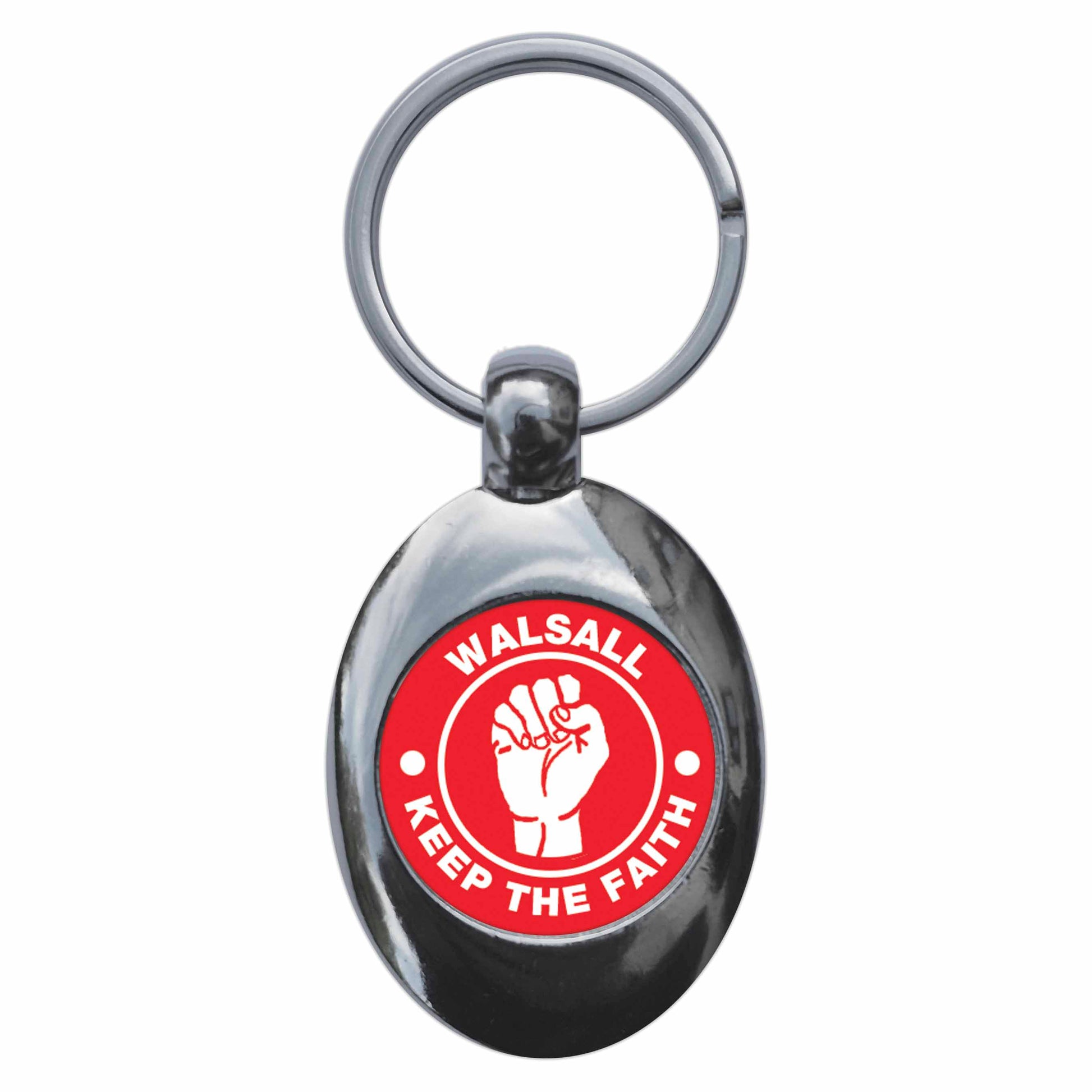 A picture of the front of the product, titled Walsall Keep The Faith Northern Soul Metal Keyring With Trolley Coin