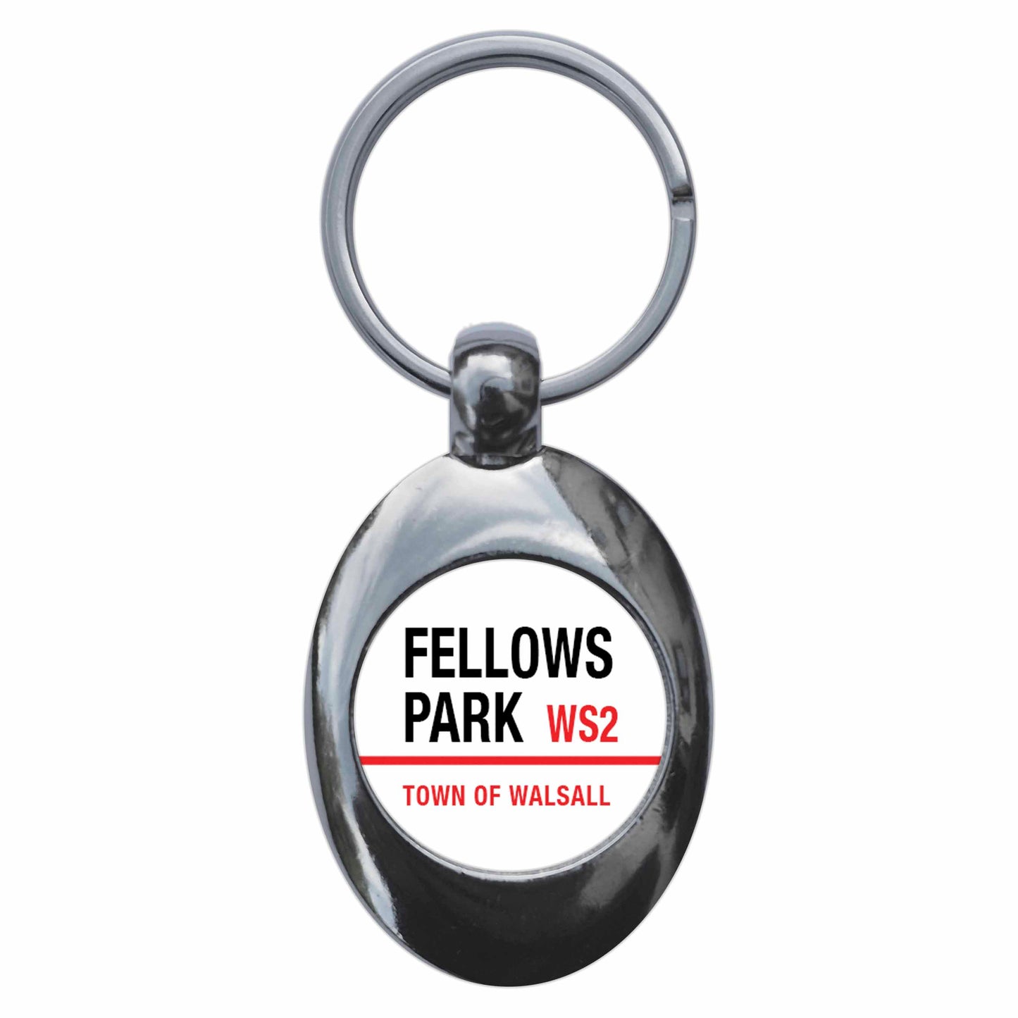 A picture of the front of the product, titled Fellows Park WS2 Walsall Road Sign Metal Keyring With Trolley Coin