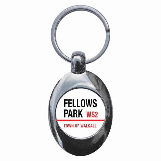 A picture of the front of the product, titled Fellows Park WS2 Walsall Road Sign Metal Keyring With Trolley Coin