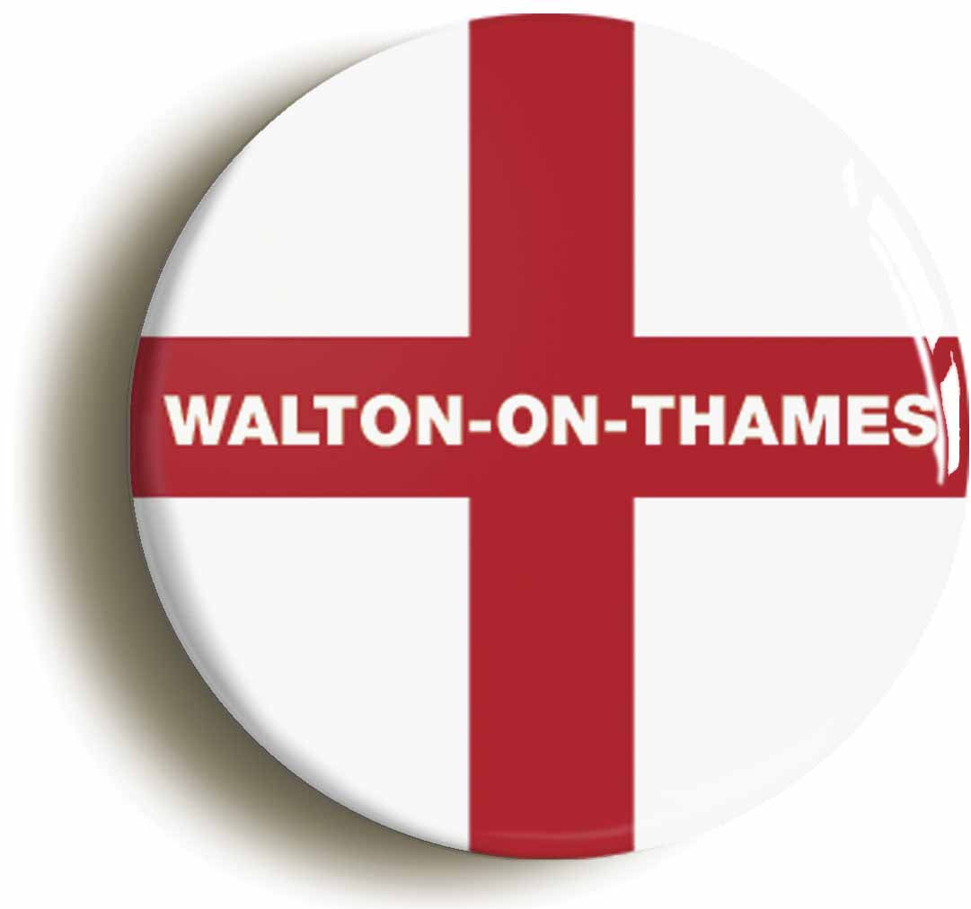 A picture of the front of the product, titled Walton-On-Thames England Flag Circular 50mm Fridge Magnet