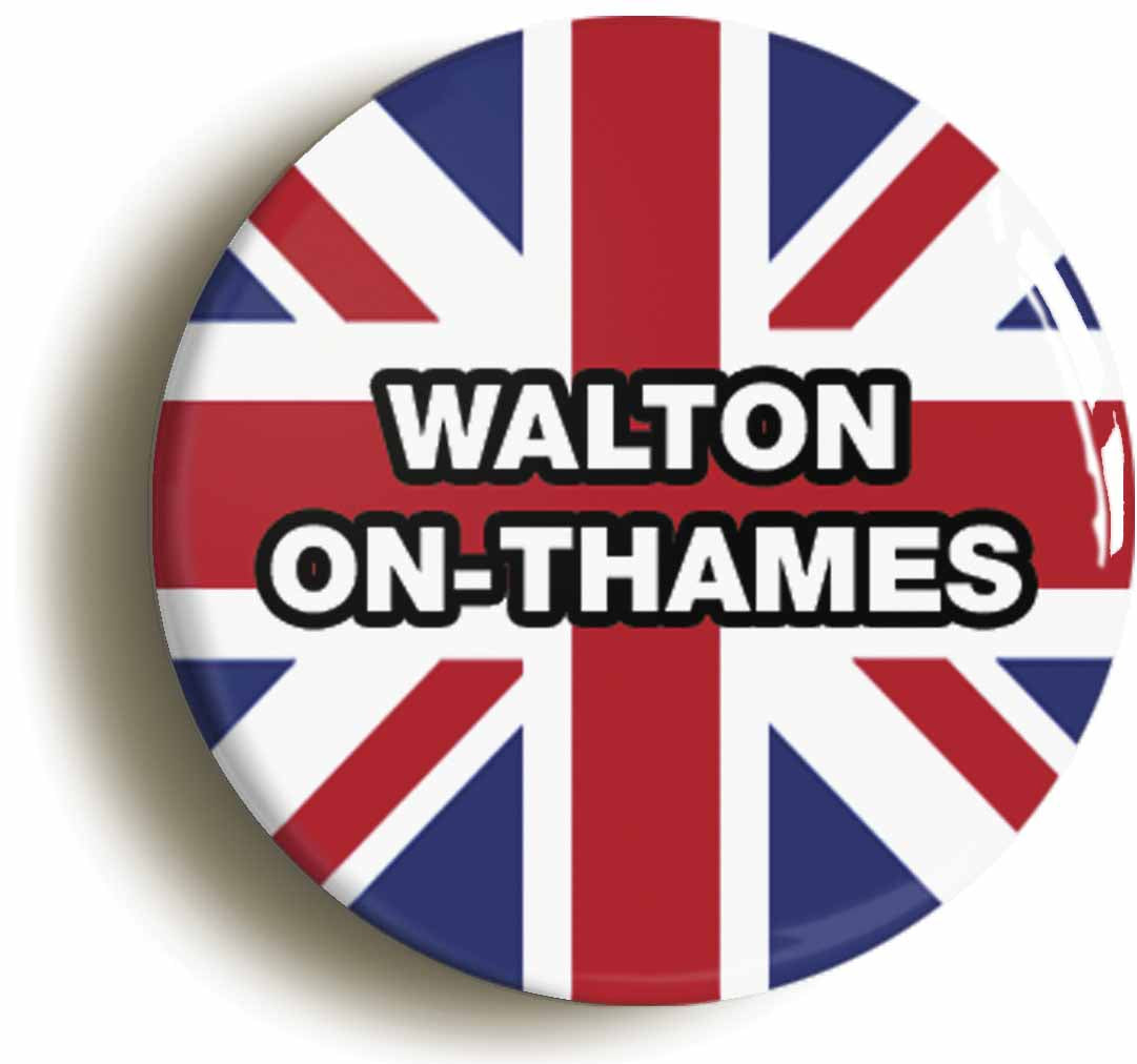 A picture of the front of the product, titled Walton-On-Thames Union Jack Button Pin Badge