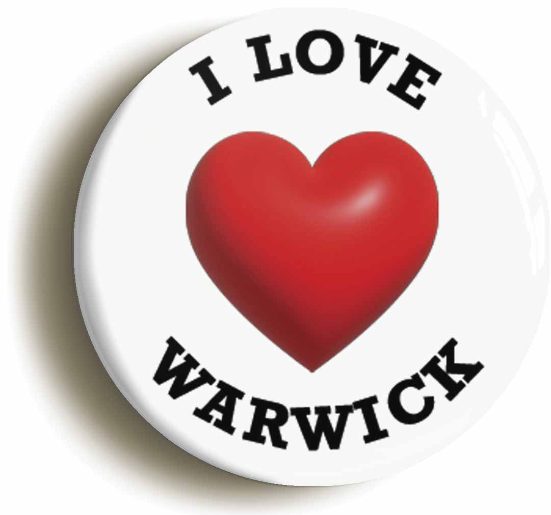 A picture of the front of the product, titled I Heart Love Warwick Location Button Pin Badge