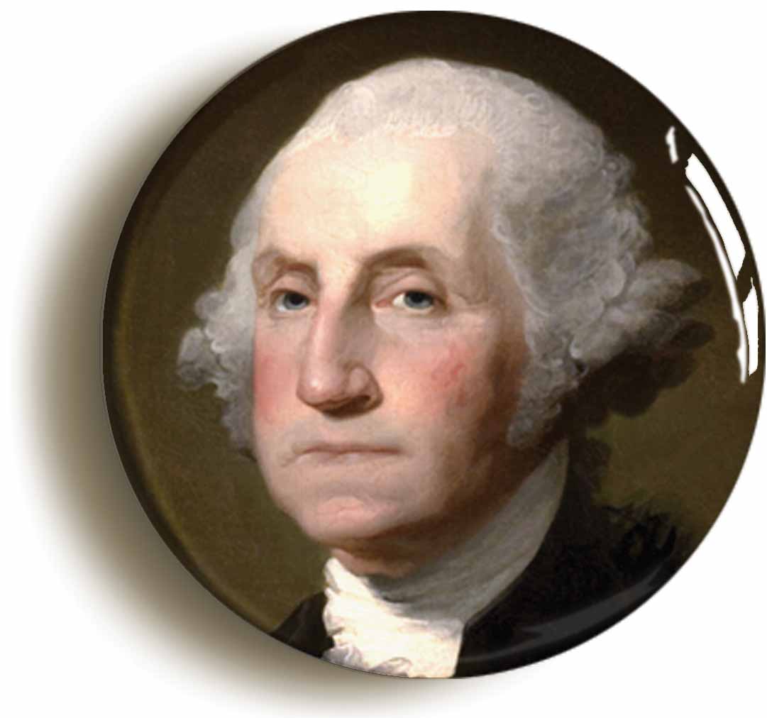 A picture of the front of the product, titled George Washington Us President, Founding Father Button Pin Badge