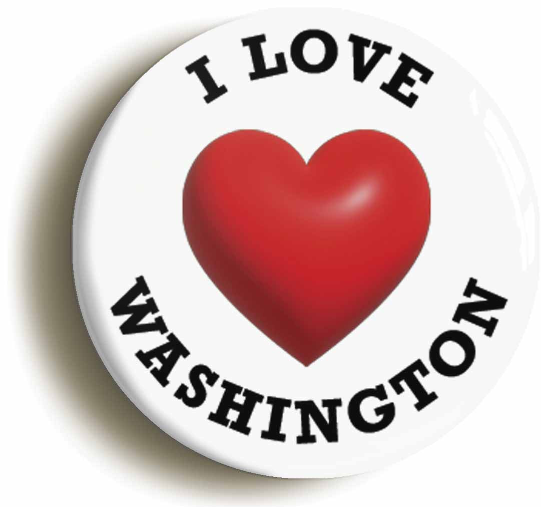A picture of the front of the product, titled I Heart Love Washington Location Circular 50mm Fridge Magnet
