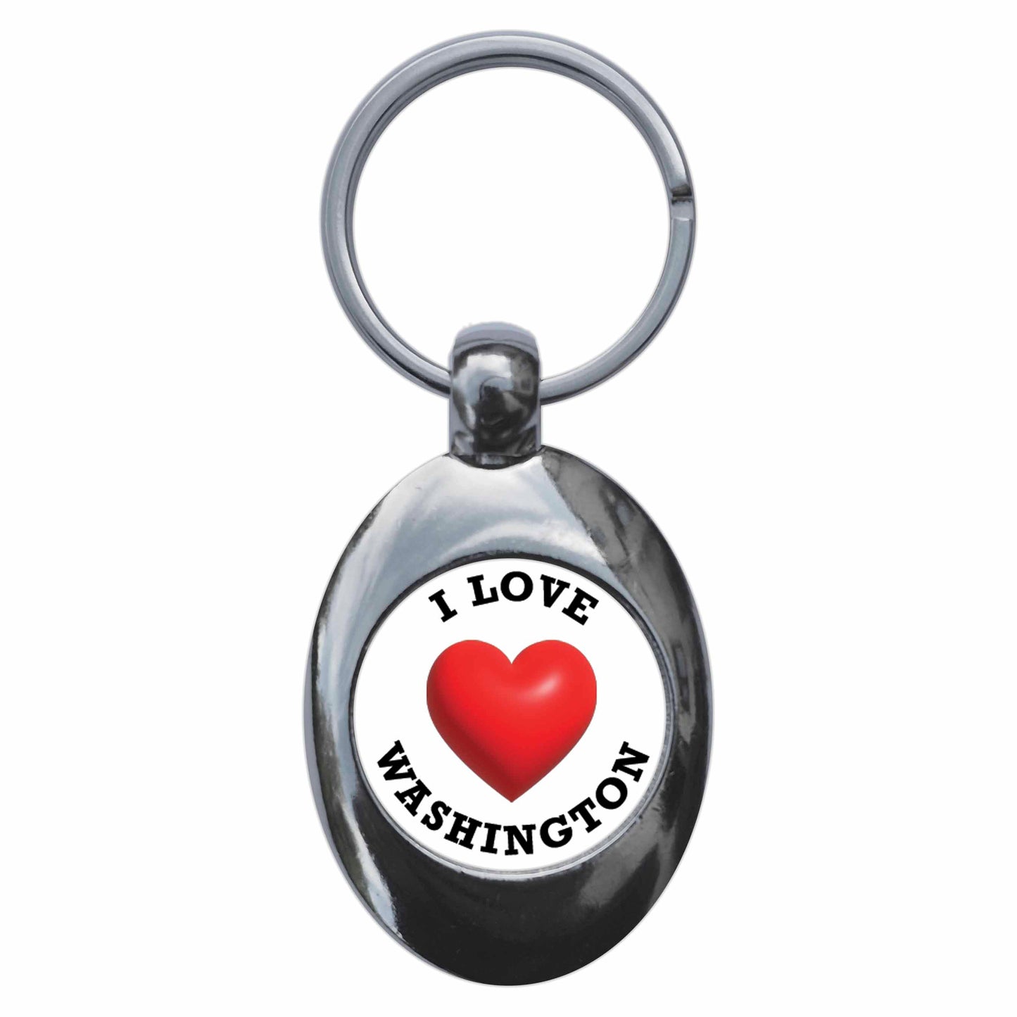 A picture of the front of the product, titled I Heart Love Washington Metal Keyring With Trolley Coin
