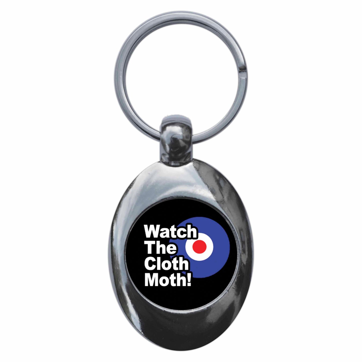 A picture of the front of the product, titled Watch The Cloth Moth Mod Metal Keyring With Trolley Coin