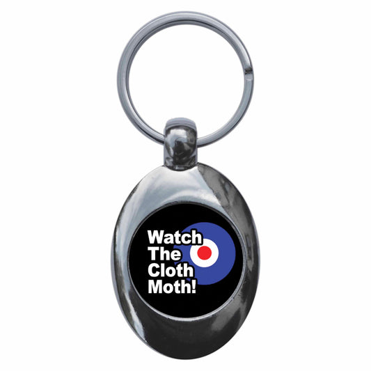 A picture of the front of the product, titled Watch The Cloth Moth Mod Metal Keyring With Trolley Coin