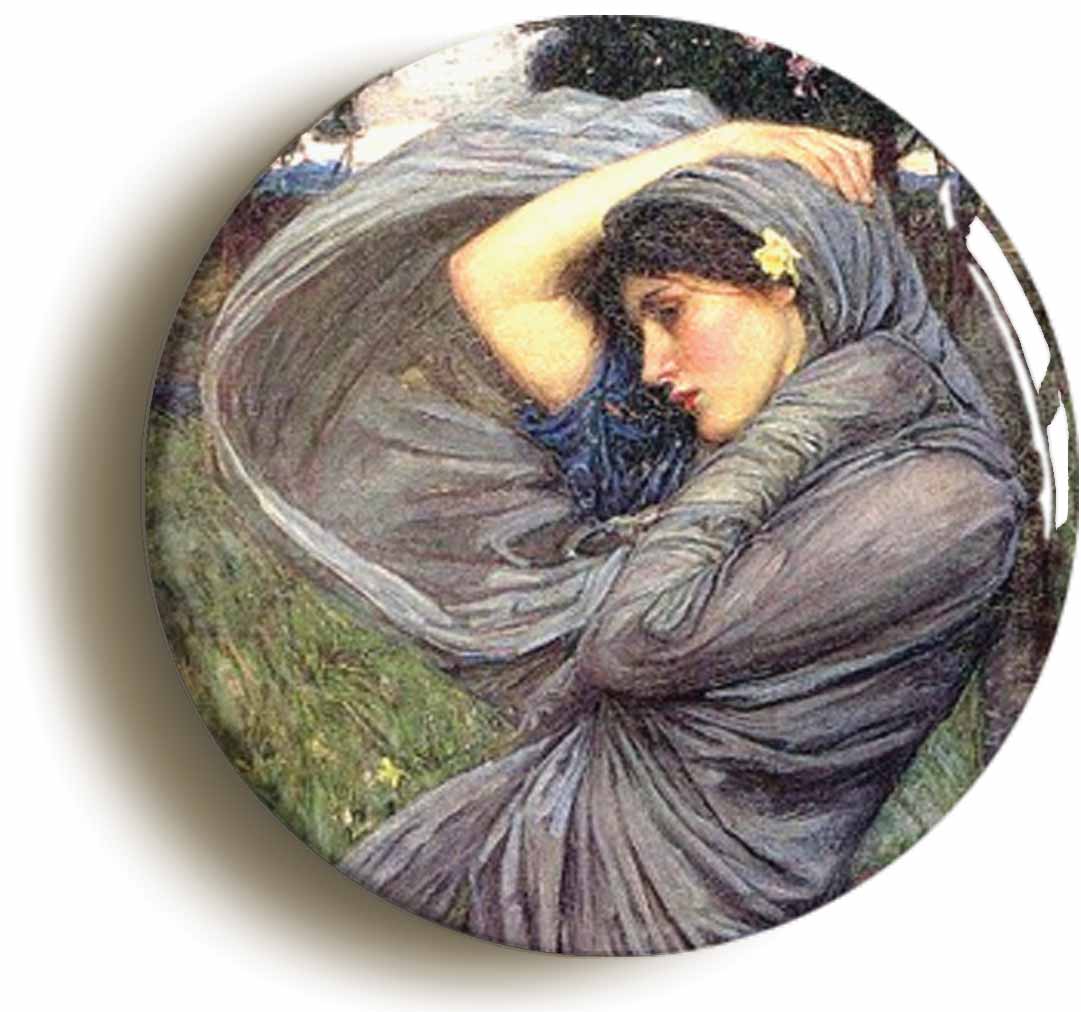 A picture of the front of the product, titled John William Waterhouse Boreas Circular 50mm Fridge Magnet