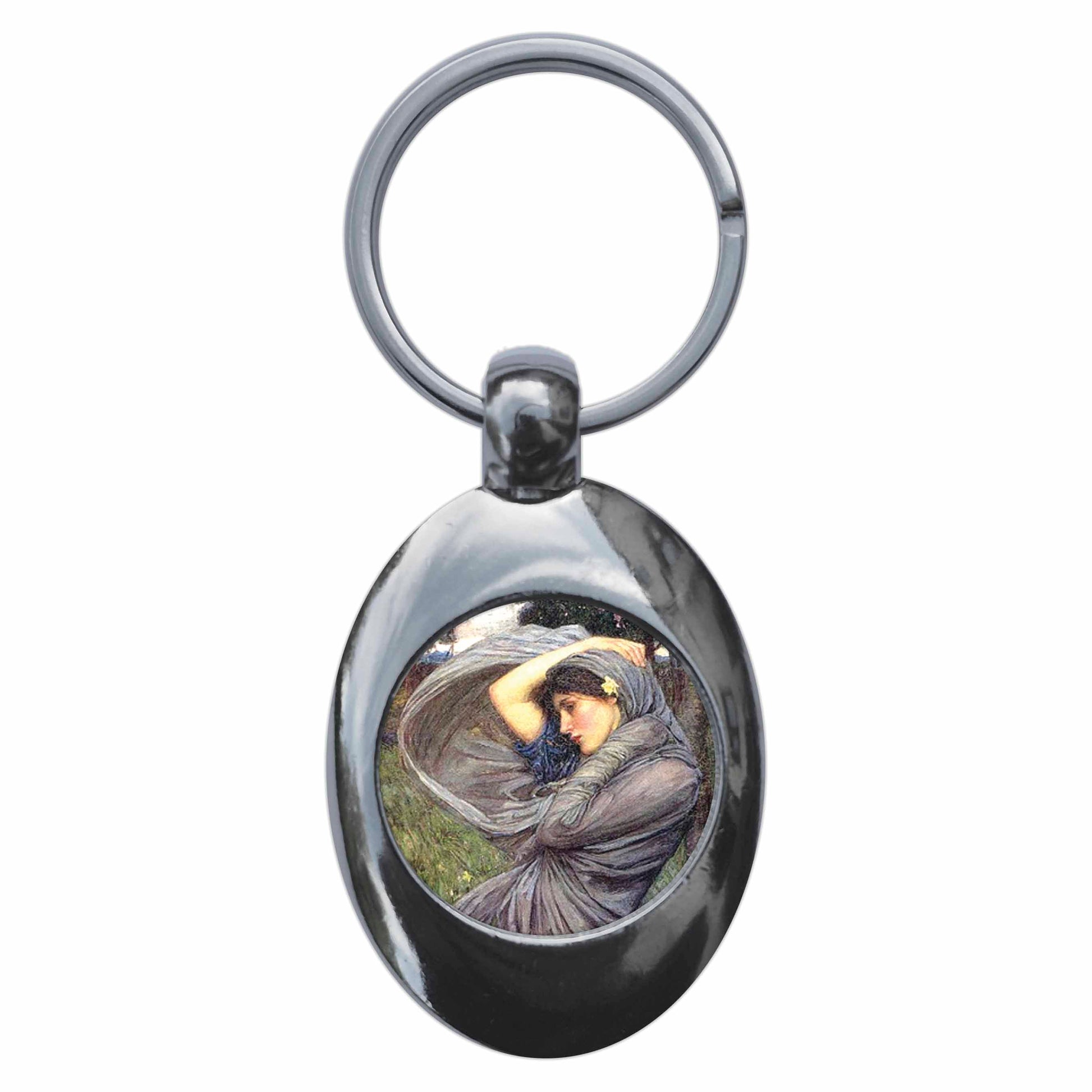 A picture of the front of the product, titled John William Waterhouse Boreas Metal Keyring With Trolley Coin