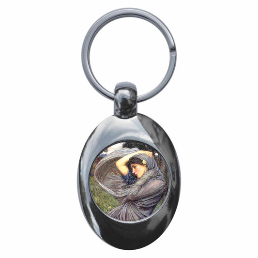 A picture of the front of the product, titled John William Waterhouse Boreas Metal Keyring With Trolley Coin