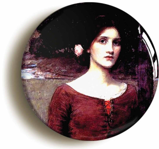 A picture of the front of the product, titled John William Waterhouse Lady Clare Button Pin Badge