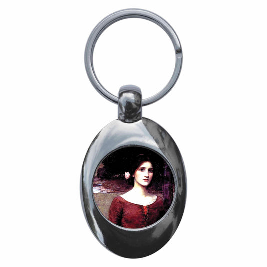 A picture of the front of the product, titled John William Waterhouse Lady Clare Metal Keyring With Trolley Coin