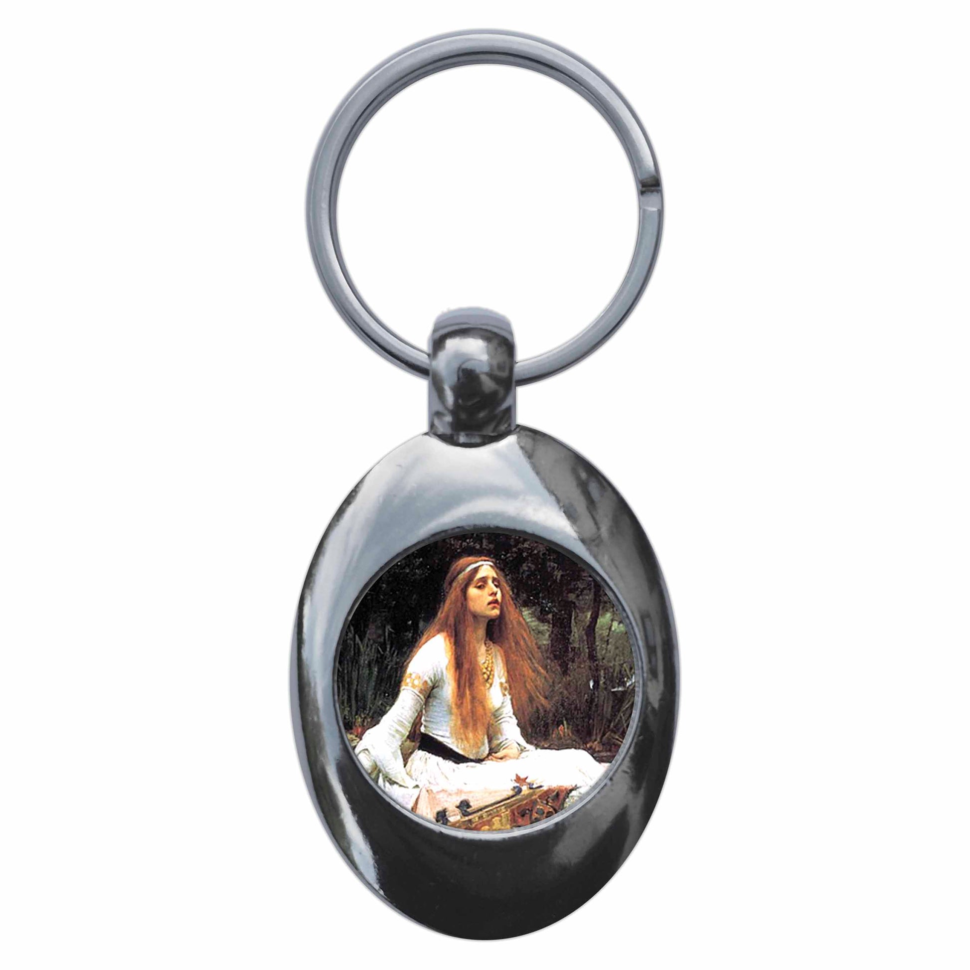 A picture of the front of the product, titled John William Waterhouse Lady Of Shallot Metal Keyring With Trolley Coin
