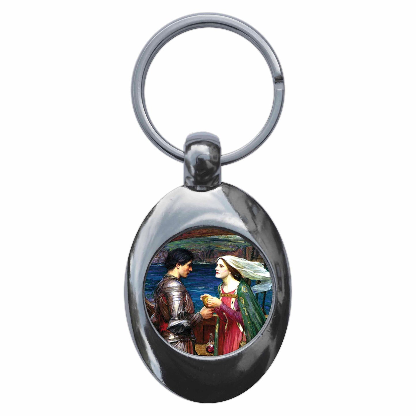 A picture of the front of the product, titled John William Waterhouse Tristan And Isolde Metal Keyring With Trolley Coin