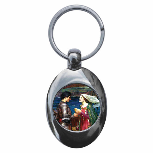A picture of the front of the product, titled John William Waterhouse Tristan And Isolde Metal Keyring With Trolley Coin
