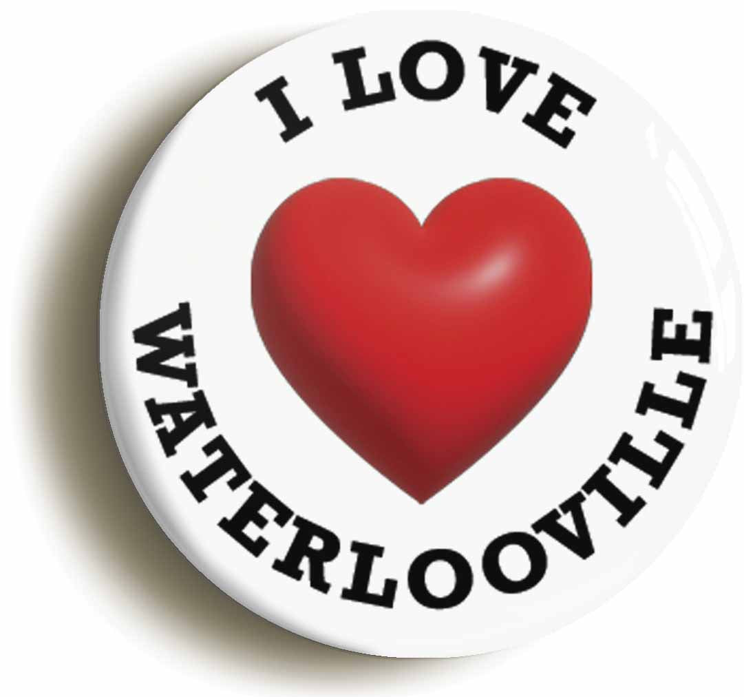 A picture of the front of the product, titled I Heart Love Waterlooville Location Button Pin Badge
