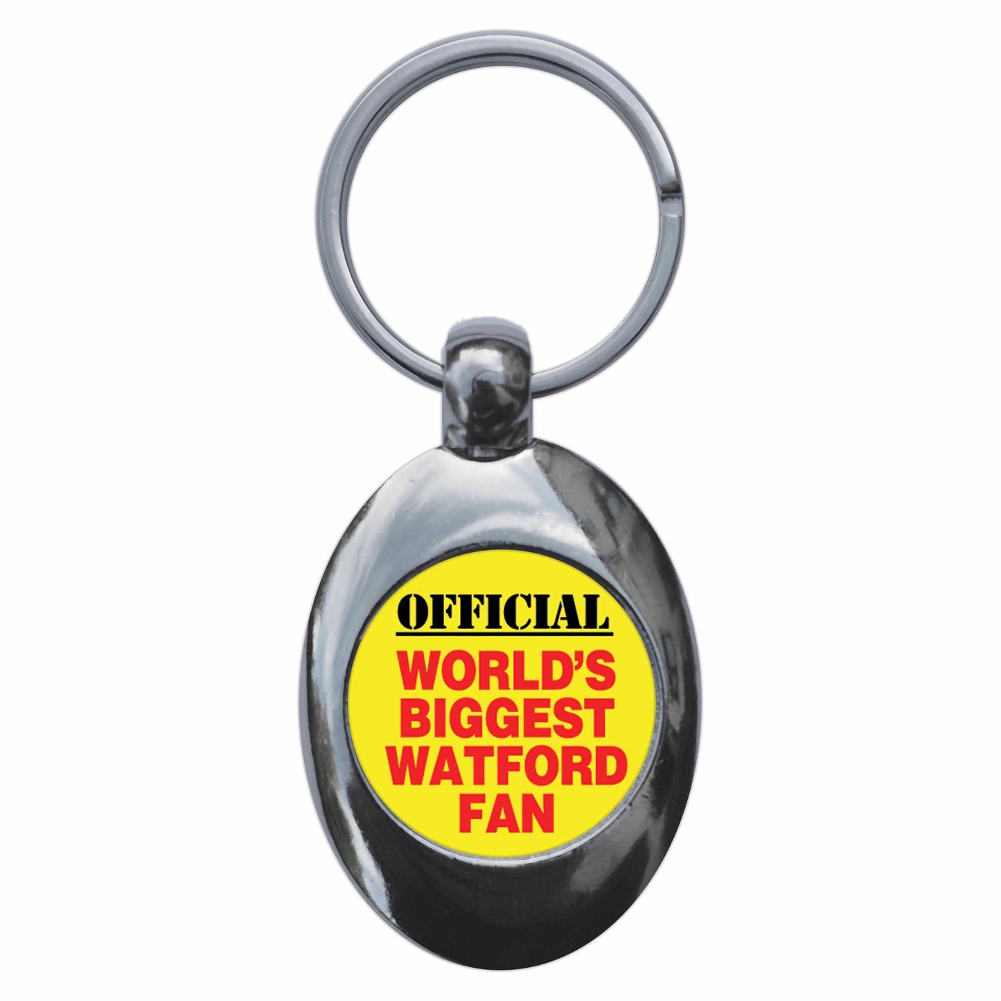 A picture of the front of the product, titled World's Biggest Watford Fan Metal Keyring With Trolley Coin