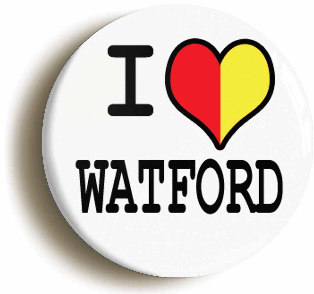 A picture of the front of the product, titled I Heart Love Watford Circular 50mm Fridge Magnet
