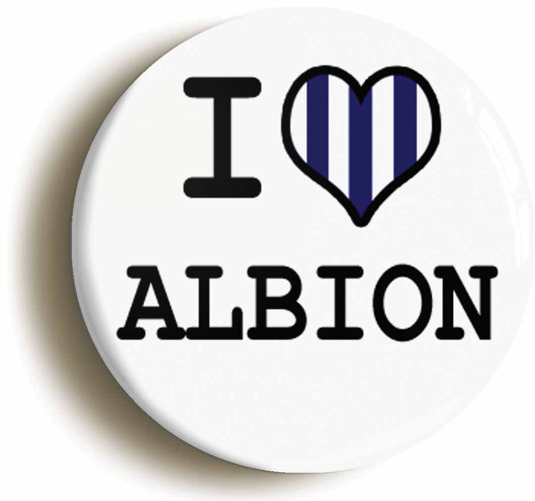 A picture of the front of the product, titled I Heart Love Albion Circular 50mm Fridge Magnet