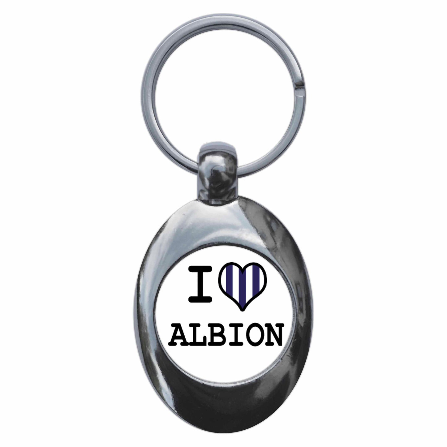 A picture of the front of the product, titled I Heart Love Albion Metal Keyring With Trolley Coin