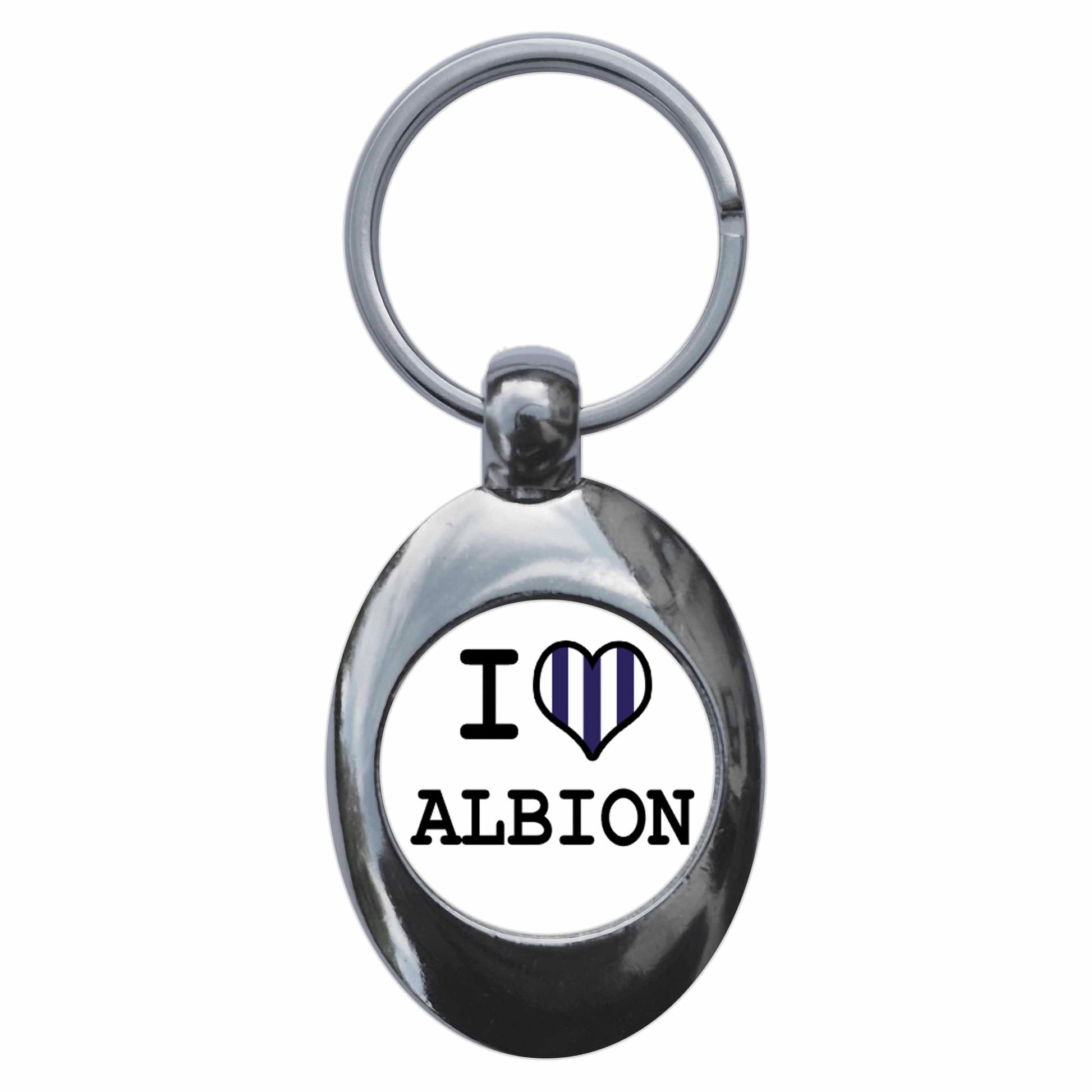 A picture of the front of the product, titled I Heart Love Albion Metal Keyring With Trolley Coin