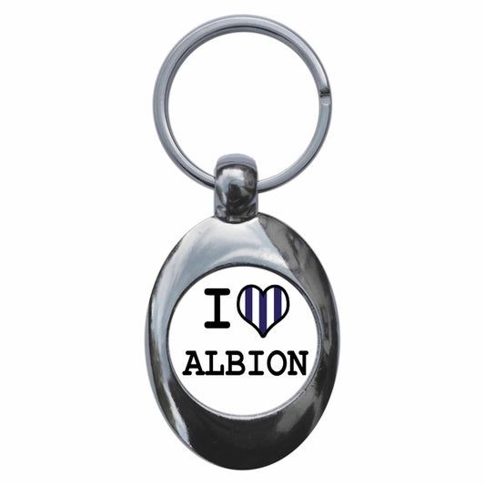 A picture of the front of the product, titled I Heart Love Albion Metal Keyring With Trolley Coin