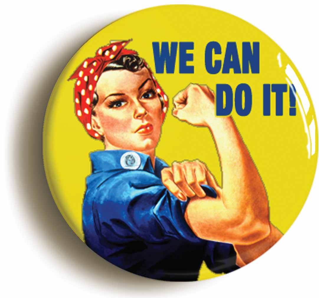 A picture of the front of the product, titled We Can Do It World War Two Feminist WW2 Button Pin Badge