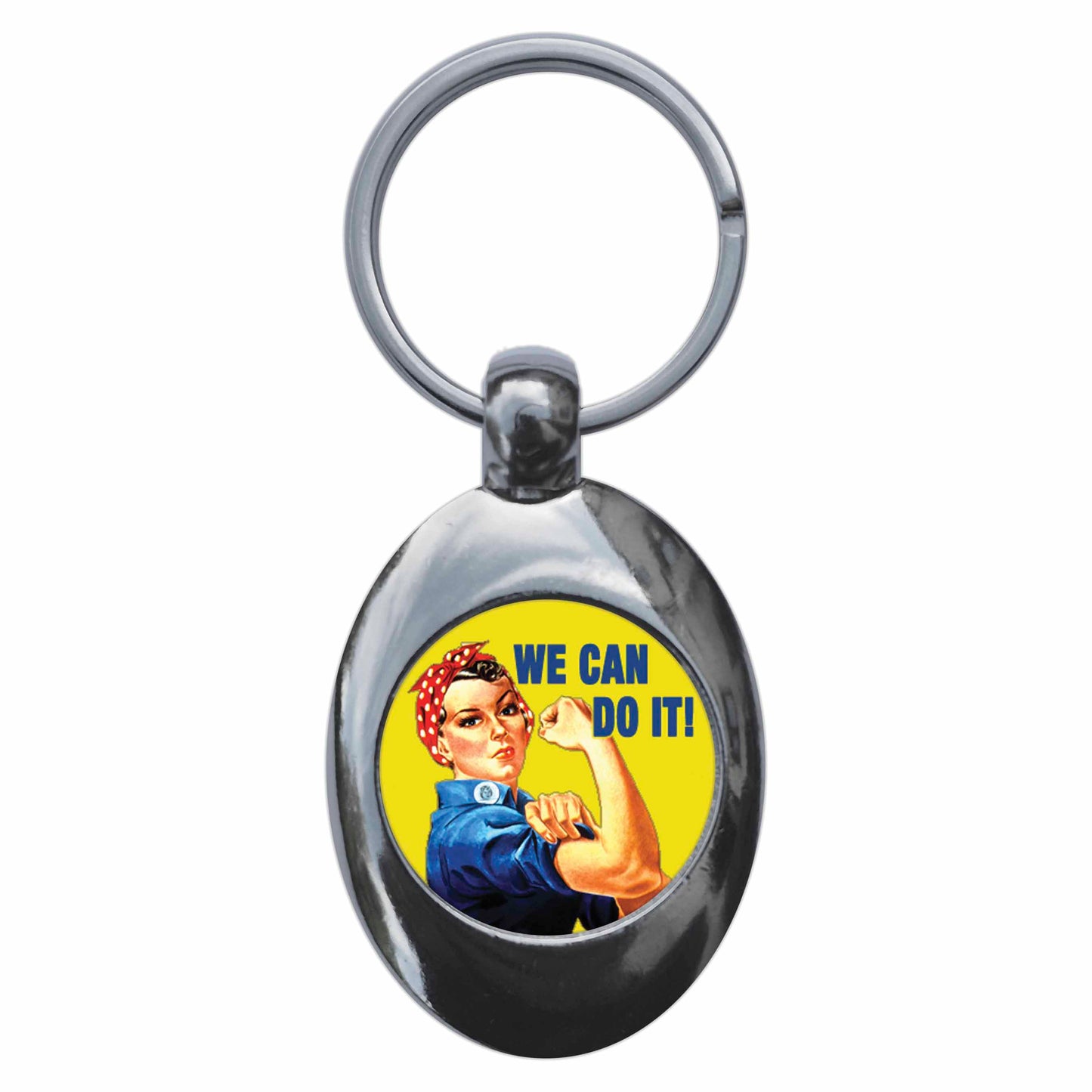 A picture of the front of the product, titled We Can Do It World War Two Feminist WW2 Metal Keyring With Trolley Coin