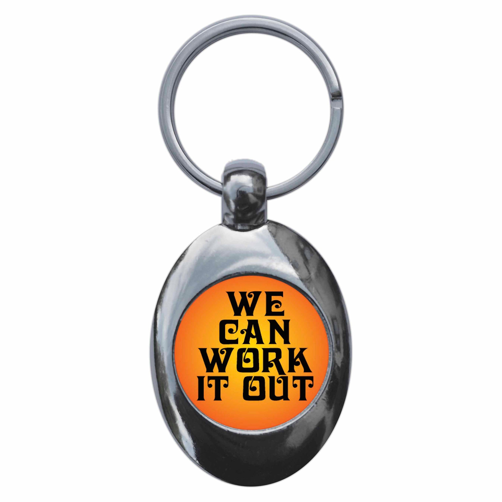 A picture of the front of the product, titled We Can Work It Out Metal Keyring With Trolley Coin