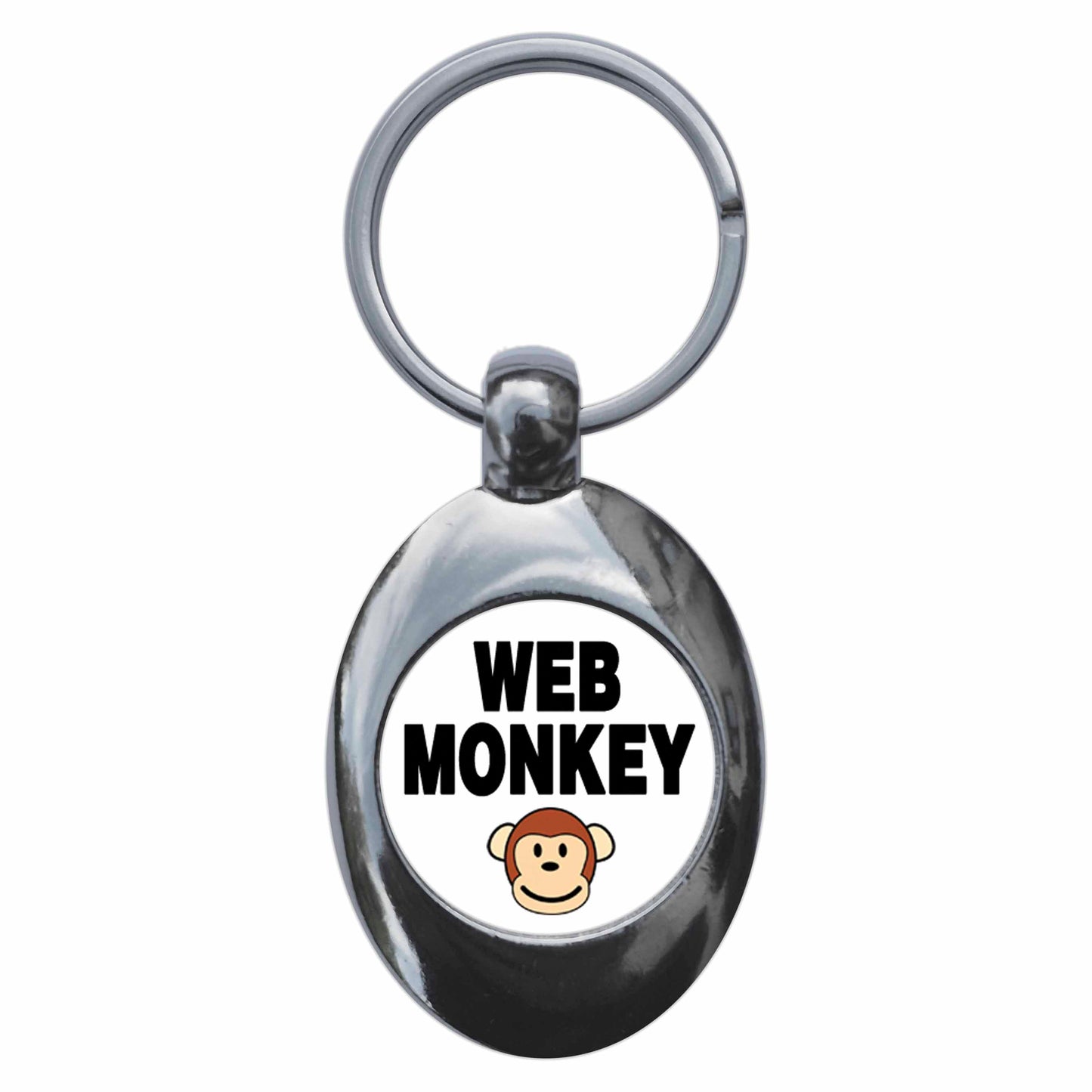 A picture of the front of the product, titled Web Monkey Metal Keyring With Trolley Coin